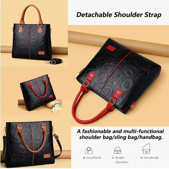 Perfect Lily Black Embossed Letter Tote Bag Red Handle Crossbody NIP - Picture 4 of 12